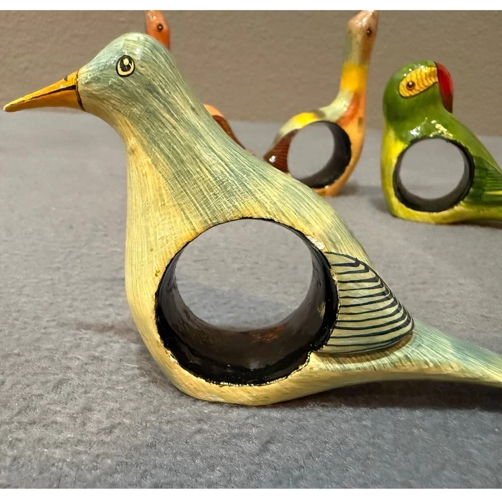 Vintage Hand Painted Wooden Bird Napkin Rings Set of 4 Tropical Folk Art Decor